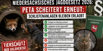 PETA scheitert erneut: Schliefenanlagen bleiben erlaubt – Niedersachsen reformiert Jagdgesetz nur teilweise 18 Titelbild zum Niedersächsisches Jagdgesetz: Fuchs im Bau, Jagdhund, Gesetzessymbol und Katze im Fadenkreuz zeigen die umstrittene Reform.