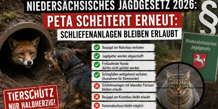 Titelbild zum Niedersächsisches Jagdgesetz: Fuchs im Bau, Jagdhund, Gesetzessymbol und Katze im Fadenkreuz zeigen die umstrittene Reform.