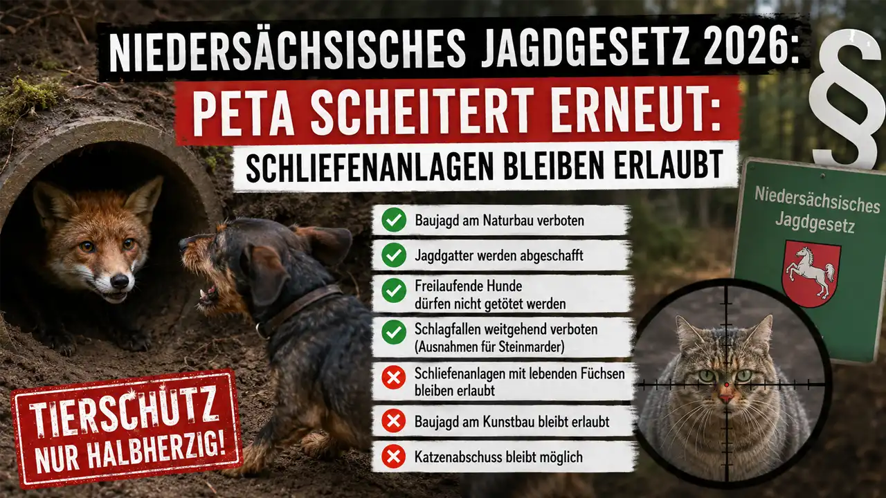 Titelbild zum Niedersächsisches Jagdgesetz: Fuchs im Bau, Jagdhund, Gesetzessymbol und Katze im Fadenkreuz zeigen die umstrittene Reform.