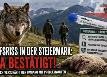 Wolfsriss Steiermark: Ein Wolf steht auf einer Alm vor einem gerissenen Schaf. Im Hintergrund sind Jäger und die Alpen zu sehen, während ein DNA-Nachweis den bestätigten Wolfsriss symbolisiert.
