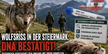 Österreich verschärft den Umgang mit Problemwölfen – DNA-Nachweis bestätigt Wolfsriss in der Steiermark 20 Wolfsriss Steiermark: Ein Wolf steht auf einer Alm vor einem gerissenen Schaf. Im Hintergrund sind Jäger und die Alpen zu sehen, während ein DNA-Nachweis den bestätigten Wolfsriss symbolisiert.