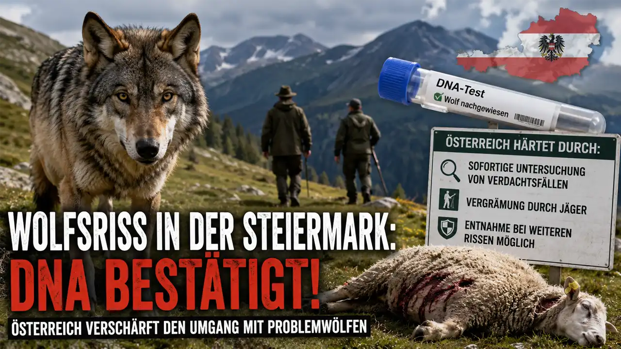 Wolfsriss Steiermark: Ein Wolf steht auf einer Alm vor einem gerissenen Schaf. Im Hintergrund sind Jäger und die Alpen zu sehen, während ein DNA-Nachweis den bestätigten Wolfsriss symbolisiert.