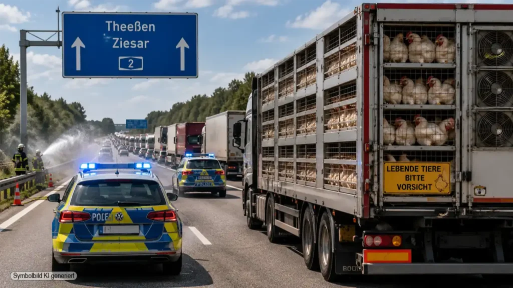 Tiertransport A2: Polizeieskorte begleitet einen Lkw mit Hühnern durch einen Stau auf der Autobahn, während Feuerwehr und Einsatzkräfte den Transport bei großer Hitze sichern.
