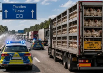 Tiertransport A2: Polizeieskorte begleitet einen Lkw mit Hühnern durch einen Stau auf der Autobahn, während Feuerwehr und Einsatzkräfte den Transport bei großer Hitze sichern.