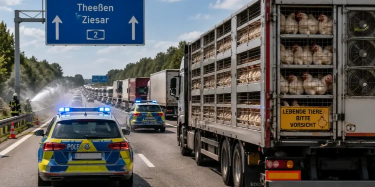 Tiertransport A2: Polizeieskorte begleitet einen Lkw mit Hühnern durch einen Stau auf der Autobahn, während Feuerwehr und Einsatzkräfte den Transport bei großer Hitze sichern.