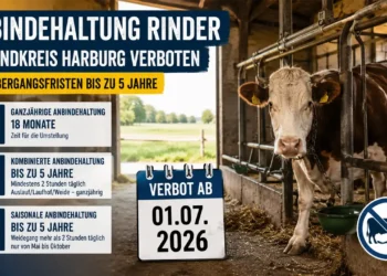 Landkreis Harburg setzt Verbot der Anbindehaltung um – Doch die Übergangsfristen reichen bis zu fünf Jahre 13 Anbindehaltung Rinder: Eine angebundene Kuh steht in einem Stall. Das Titelbild thematisiert das Verbot der Anbindehaltung im Landkreis Harburg sowie die langen Übergangsfristen.