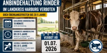 Landkreis Harburg setzt Verbot der Anbindehaltung um – Doch die Übergangsfristen reichen bis zu fünf Jahre 20 Anbindehaltung Rinder: Eine angebundene Kuh steht in einem Stall. Das Titelbild thematisiert das Verbot der Anbindehaltung im Landkreis Harburg sowie die langen Übergangsfristen.