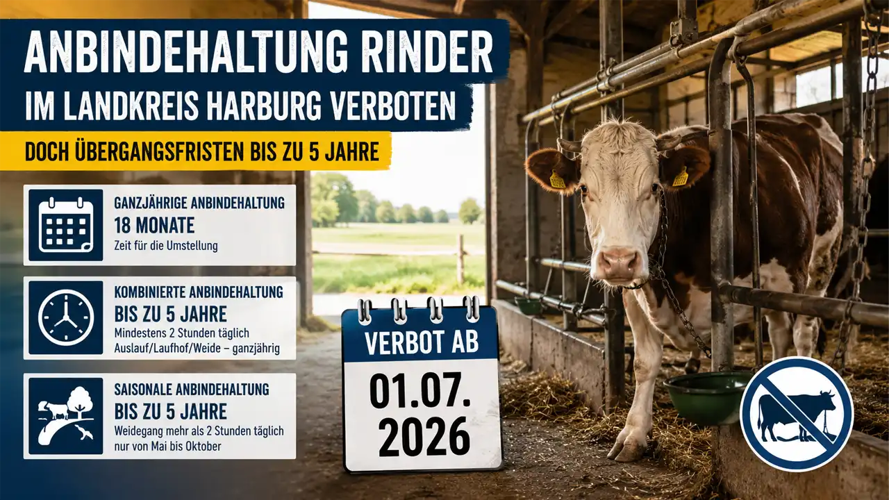Landkreis Harburg setzt Verbot der Anbindehaltung um – Doch die Übergangsfristen reichen bis zu fünf Jahre 1 Anbindehaltung Rinder: Eine angebundene Kuh steht in einem Stall. Das Titelbild thematisiert das Verbot der Anbindehaltung im Landkreis Harburg sowie die langen Übergangsfristen.