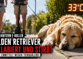 Golden Retriever stirbt nach Gassigang: Titelbild zeigt einen erschöpften Hund bei 33 Grad neben E-Rollern als Symbol für den Vorfall.