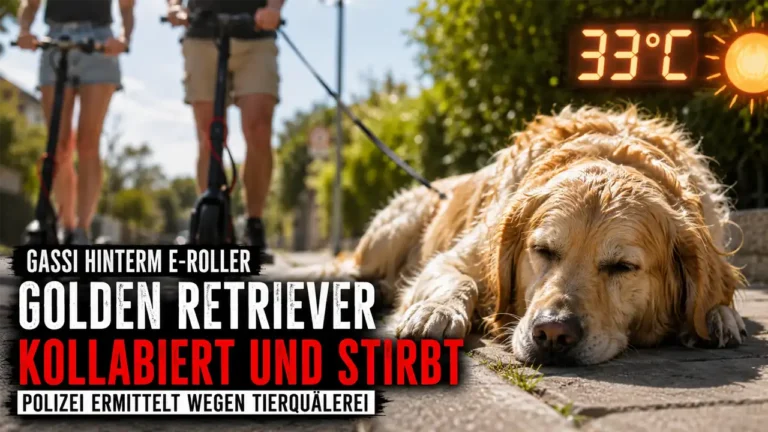 Golden Retriever stirbt nach Gassigang: Titelbild zeigt einen erschöpften Hund bei 33 Grad neben E-Rollern als Symbol für den Vorfall.