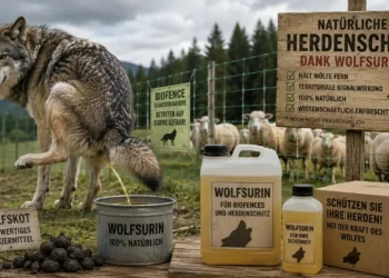 Wolfsurin als Herdenschutz? Soll man jetzt Wölfe halten, um Urin und Kot zu sammeln? 12 Wolfsurin Herdenschutz: Satirische Darstellung eines Wolfs vor einer Schafherde mit Kanistern und Schildern zur Diskussion über Geruchsbarrieren als Herdenschutz.
