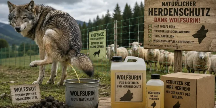 Wolfsurin als Herdenschutz? Soll man jetzt Wölfe halten, um Urin und Kot zu sammeln? 11 Wolfsurin Herdenschutz: Satirische Darstellung eines Wolfs vor einer Schafherde mit Kanistern und Schildern zur Diskussion über Geruchsbarrieren als Herdenschutz.