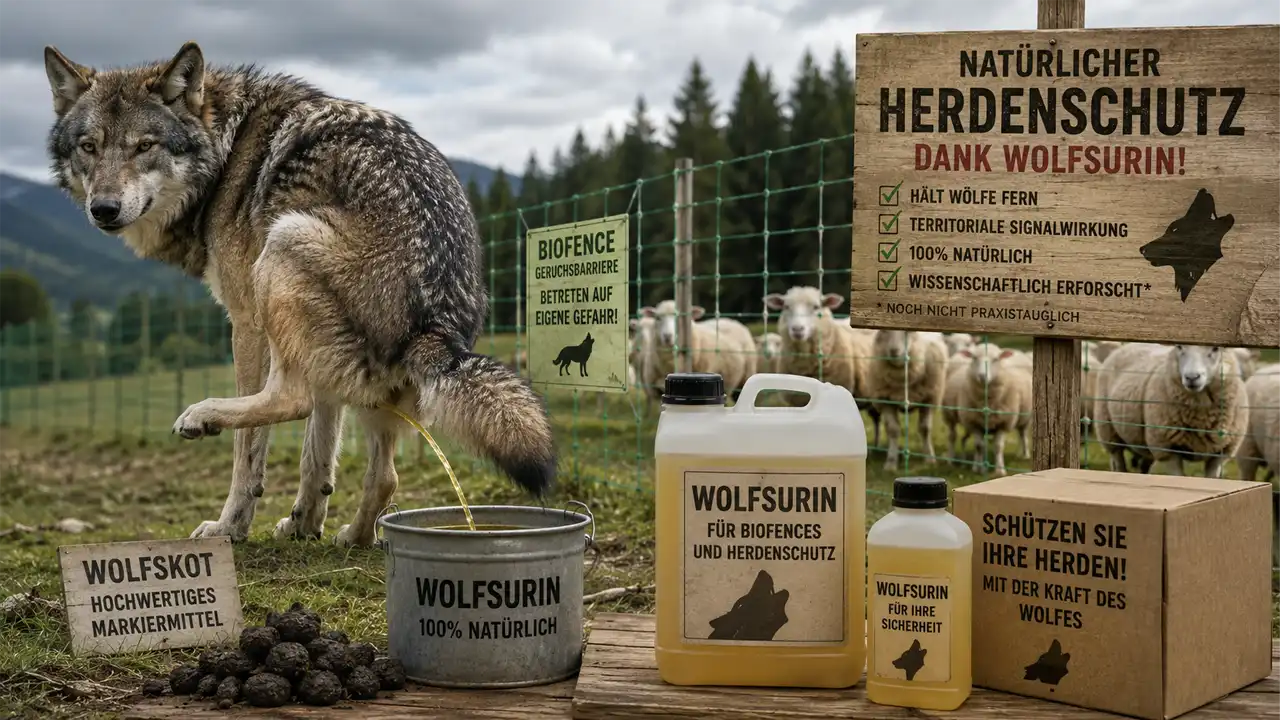 Wolfsurin als Herdenschutz? Soll man jetzt Wölfe halten, um Urin und Kot zu sammeln? 1 Wolfsurin Herdenschutz: Satirische Darstellung eines Wolfs vor einer Schafherde mit Kanistern und Schildern zur Diskussion über Geruchsbarrieren als Herdenschutz.