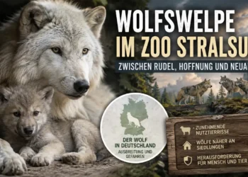 Wolfswelpe sorgt für Hoffnung im Zoo Stralsund – während Deutschlands Wolfsbestand weiter wächst 12 Wolfswelpe Zoo Stralsund: Polarwölfin Teja mit ihrem Welpen im Vordergrund, ergänzt durch ein Wolfsrudel und Hinweise auf die Ausbreitung des Wolfes in Deutschland.