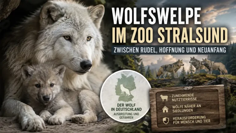 Wolfswelpe Zoo Stralsund: Polarwölfin Teja mit ihrem Welpen im Vordergrund, ergänzt durch ein Wolfsrudel und Hinweise auf die Ausbreitung des Wolfes in Deutschland.
