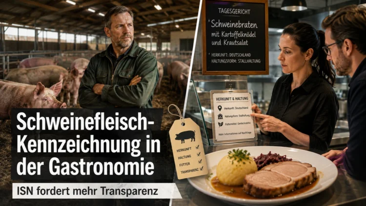 Schweinefleisch Kennzeichnung Gastronomie: Schweinehalter, Stall und Restaurant zeigen die Debatte um Herkunft und Haltungsform.