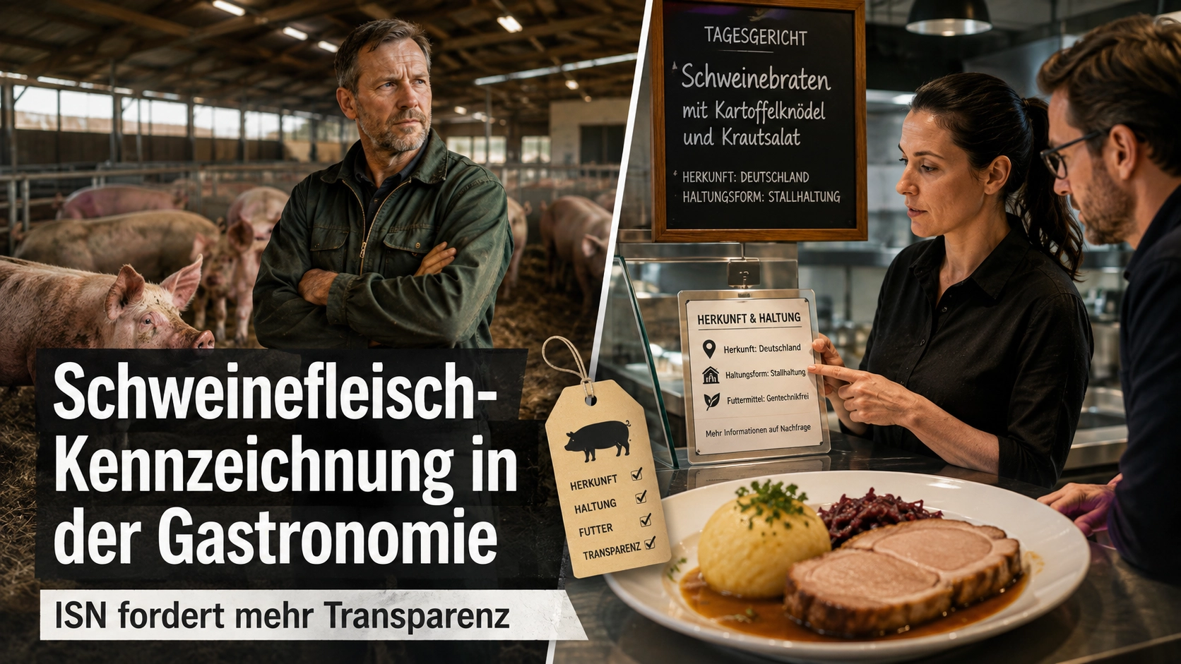 Schweinefleisch Kennzeichnung Gastronomie: Schweinehalter, Stall und Restaurant zeigen die Debatte um Herkunft und Haltungsform.