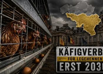 Käfigverbot für Legehennen in Wallonien: Legehennen in Käfigen vor einem belgischen Regierungsgebäude und einer Karte Walloniens.