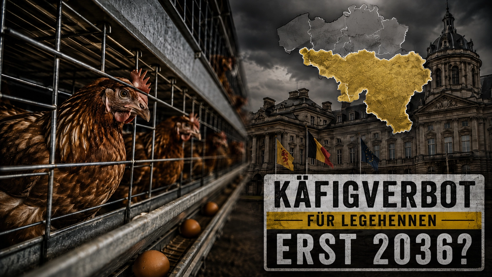 Käfigverbot für Legehennen in Wallonien: Legehennen in Käfigen vor einem belgischen Regierungsgebäude und einer Karte Walloniens.