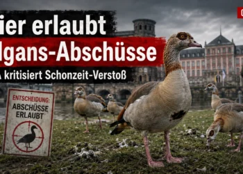 Nilgans-Abschüsse in Trier trotz Schonzeit – PETA droht mit rechtlichen Schritten 28 Nilgans-Abschüsse in Trier: Mehrere Nilgänse auf einer verschmutzten Grünfläche vor Trierer Stadtkulisse und Abschuss-Hinweisschild.