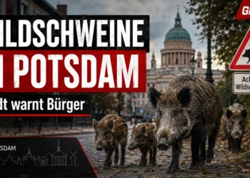Mehr Wildschweine in Potsdam: Stadt warnt vor gefährlichen Begegnungen 28 Wildschweine in Potsdam laufen durch ein Stadtgebiet, während die Stadt mit einem Warnschild zur Vorsicht aufruft.