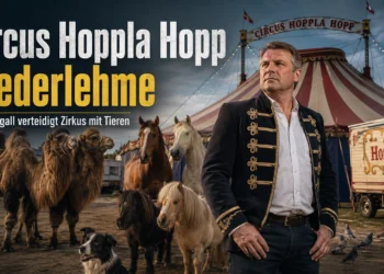 Circus Hoppla Hopp Niederlehme mit Direktor Sven Rogall, Kamelen, Pferden, Ponys und Hund vor dem Zirkuszelt.