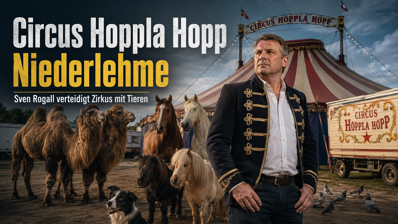 Circus Hoppla Hopp Niederlehme mit Direktor Sven Rogall, Kamelen, Pferden, Ponys und Hund vor dem Zirkuszelt.
