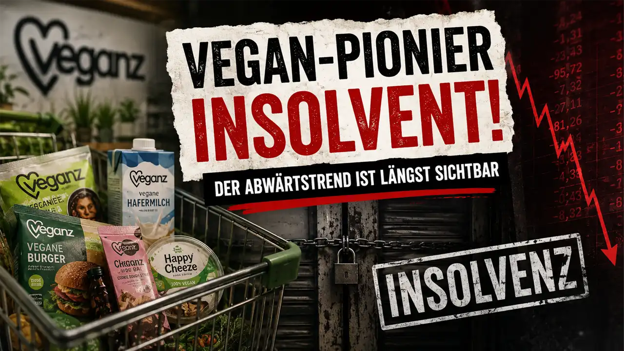 Vegane Produkte im Fokus: Einkaufswagen mit pflanzlichen Lebensmitteln vor einem dramatischen Insolvenz-Hintergrund symbolisiert den wirtschaftlichen Abwärtstrend der Branche.