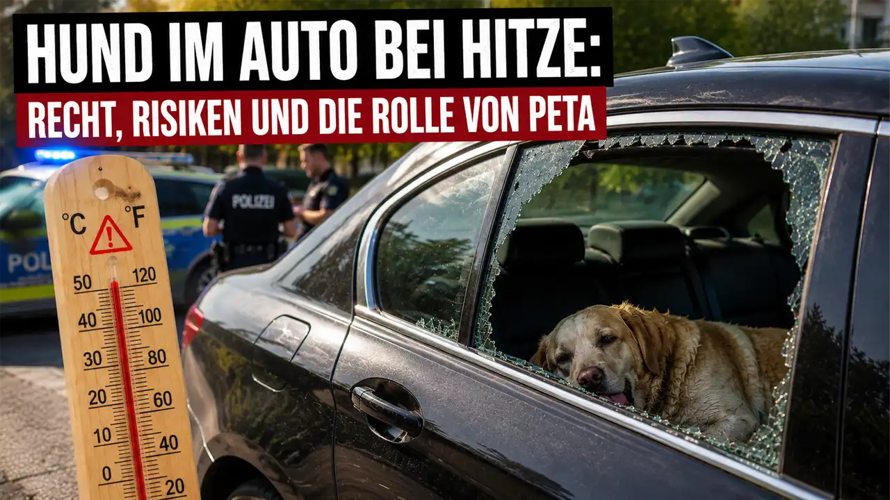 Ein eingeschlagenes Autofenster nach der Rettung eines Hund im Auto bei Hitze in Bottrop.