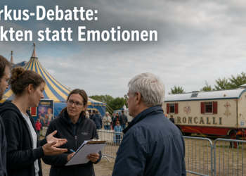 Circus Krone Proteste in Heidelberg: Kleine Demonstrationen gegen breite Zustimmung – was in der Debatte fehlt 12 Menschen diskutieren sachlich vor dem Zirkuszelt während der Circus Krone Proteste in Heidelberg.