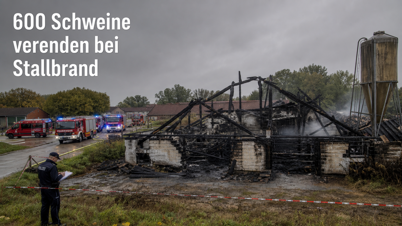 Einsatzkräfte der Feuerwehr untersuchen die Ruine nach einem verheerenden Stallbrand mit hohem Tierverlust.