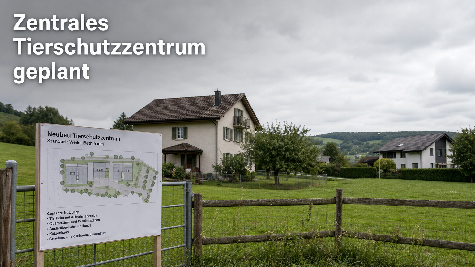 Tierschutzzentrum Thurgau geplant in Bethlehem: Zentrales Zentrum für 500 Tiere 1 Baugelände für das geplante Tierschutzzentrum Thurgau im Weiler Bethlehem mit Hinweisschild