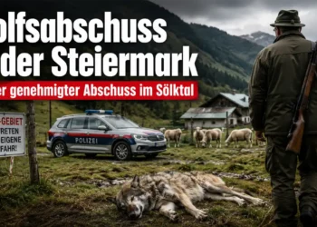 Wolfsabschuss in der Steiermark: Erster genehmigter Abschuss im Sölktal 16 Wolfsabschuss Steiermark: Jäger blickt auf Weide mit Schafen, während nach dem ersten behördlich genehmigten Wolfsabschuss im Sölktal Polizei und Alm im Hintergrund zu sehen sind.