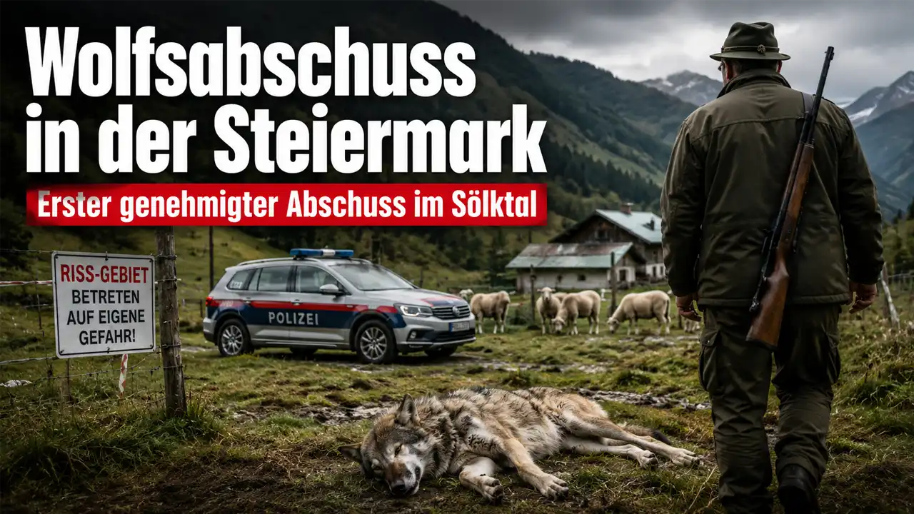 Wolfsabschuss in der Steiermark: Erster genehmigter Abschuss im Sölktal 1 Wolfsabschuss Steiermark: Jäger blickt auf Weide mit Schafen, während nach dem ersten behördlich genehmigten Wolfsabschuss im Sölktal Polizei und Alm im Hintergrund zu sehen sind.