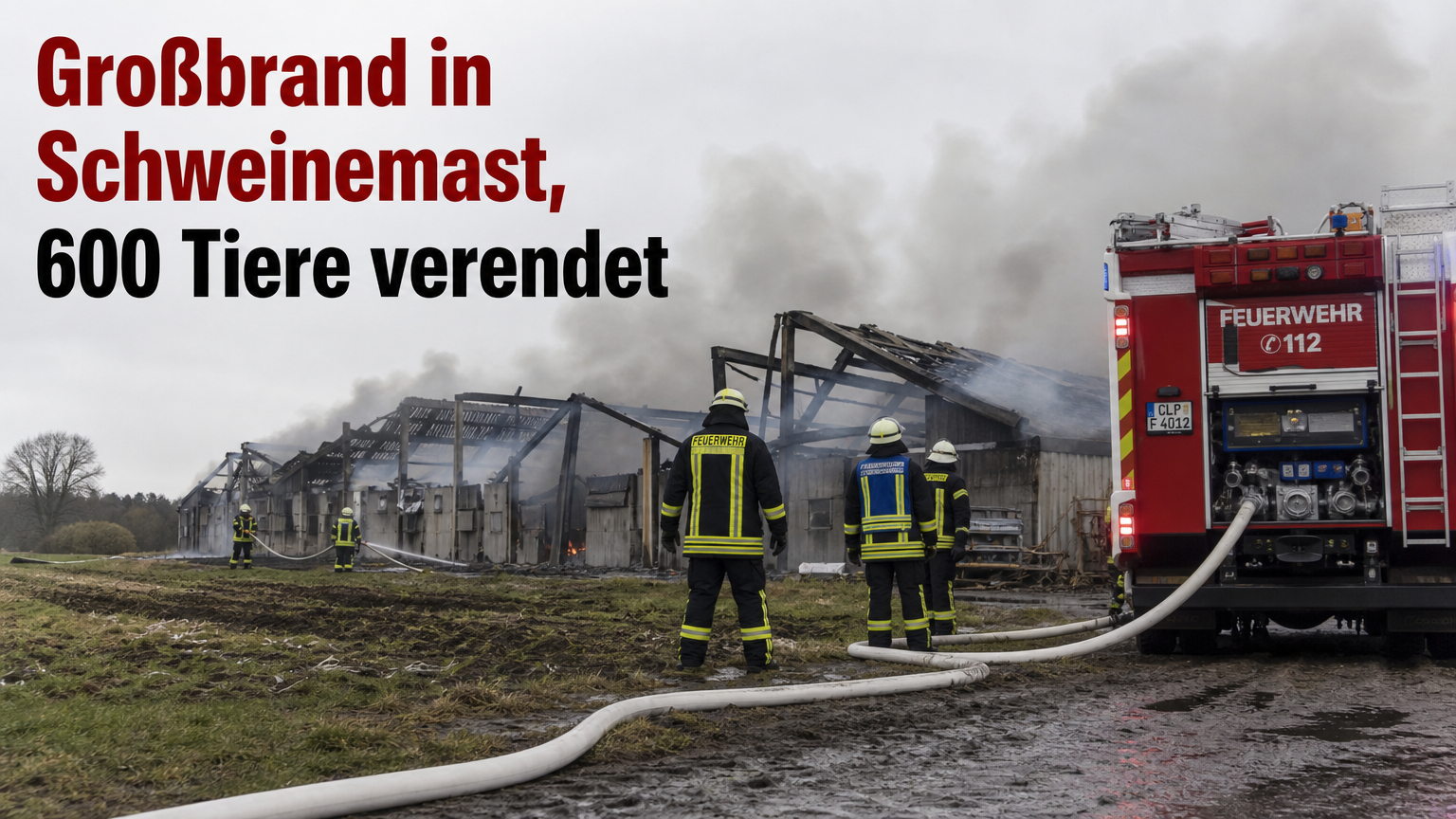 Großbrand Schweinehof Pettenbach: 600 Schweine sterben – Ermittlungen zur Brandursache laufen 1 Einsatzkräfte der Feuerwehr bekämpfen den Großbrand Schweinehof Pettenbach bei einem zerstörten Stallgebäude.
