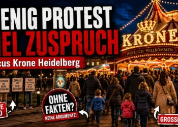 Circus Krone Proteste in Heidelberg: Kleine Demonstrationen treffen auf breite Zustimmung 14 Circus Krone Proteste in Heidelberg mit kleiner Demonstration und großem Besucherandrang vor dem beleuchteten Zirkuseingang