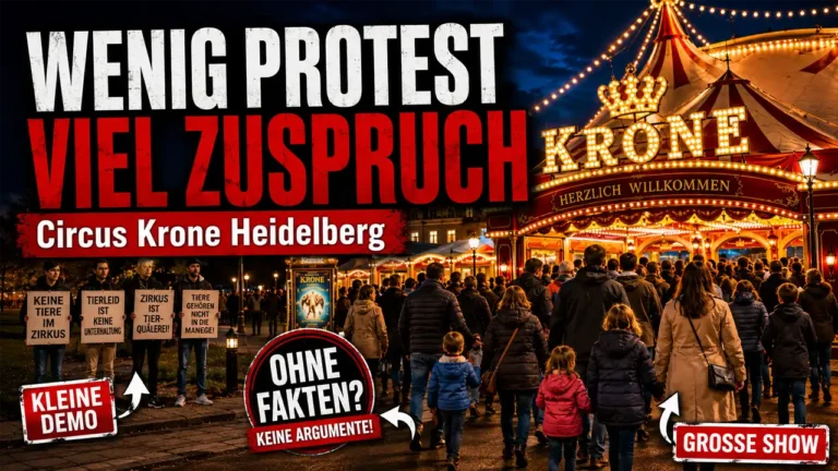 Circus Krone Proteste in Heidelberg mit kleiner Demonstration und großem Besucherandrang vor dem beleuchteten Zirkuseingang