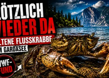 Gemeine Flusskrabbe im Gardasee vor dramatischer Bergkulisse mit der Schlagzeile „Plötzlich wieder da“.
