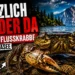Gemeine Flusskrabbe im Gardasee vor dramatischer Bergkulisse mit der Schlagzeile „Plötzlich wieder da“.