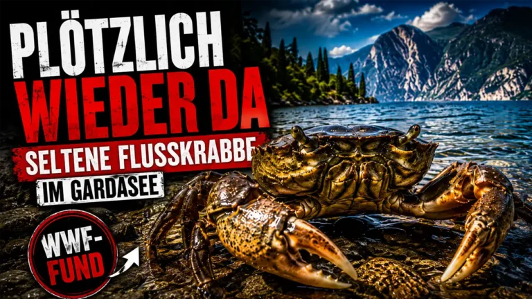 Gemeine Flusskrabbe im Gardasee vor dramatischer Bergkulisse mit der Schlagzeile „Plötzlich wieder da“.