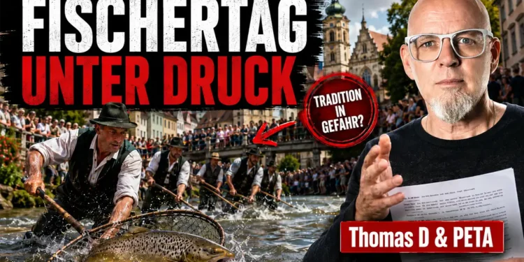 Memminger Fischertag unter Druck: Fischer im Memminger Stadtbach und Thomas D als Unterstützer der PETA-Forderung.