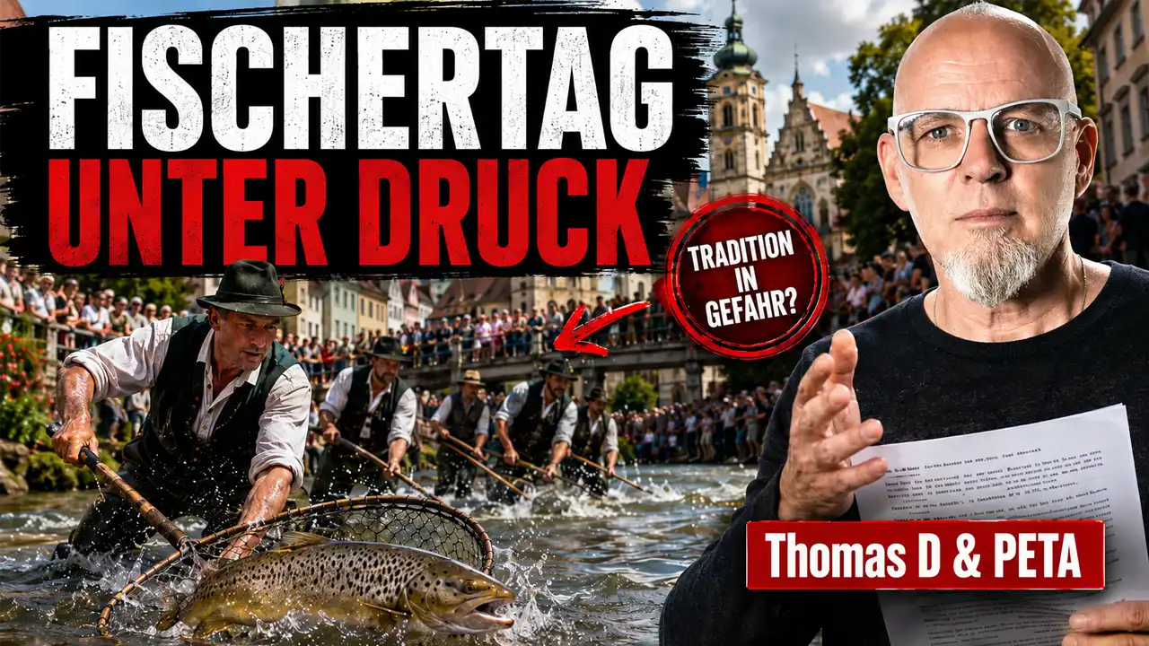 Memminger Fischertag unter Druck: Fischer im Memminger Stadtbach und Thomas D als Unterstützer der PETA-Forderung.