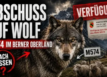 Wolfsabschuss Kanton Bern: Wolf M574 vor dramatischer Bergkulisse im Berner Oberland mit Schafen und behördlicher Abschussverfügung.