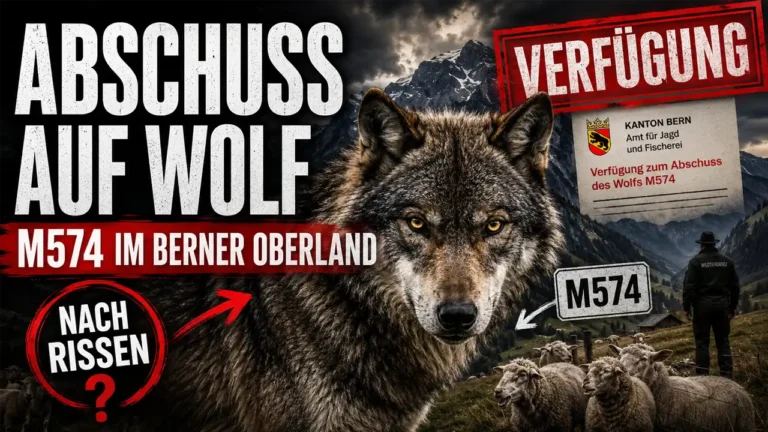 Wolfsabschuss Kanton Bern: Wolf M574 vor dramatischer Bergkulisse im Berner Oberland mit Schafen und behördlicher Abschussverfügung.