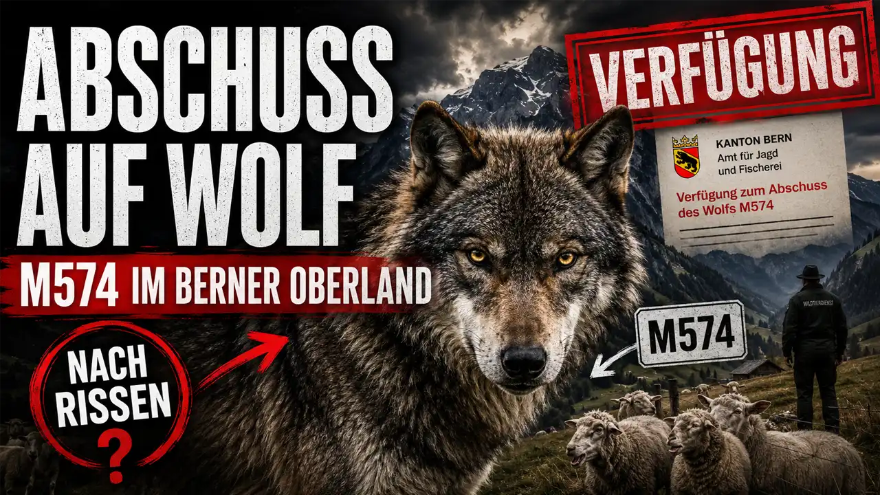 Wolfsabschuss Kanton Bern: Wolf M574 vor dramatischer Bergkulisse im Berner Oberland mit Schafen und behördlicher Abschussverfügung.