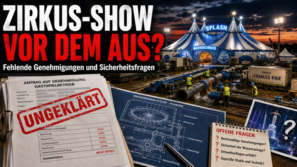 Investigative Aufnahme zum Zirkus Charles Knie Schweinfurt mit Aktenlage zur Wasser-Show Splash