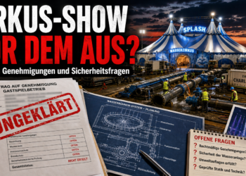 Investigative Aufnahme zum Zirkus Charles Knie Schweinfurt mit Aktenlage zur Wasser-Show Splash