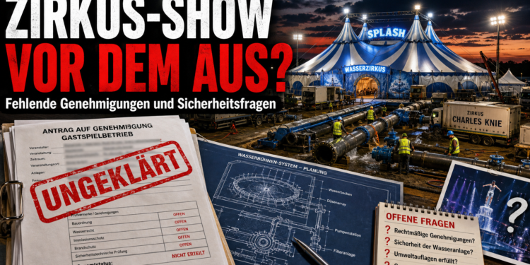 Investigative Aufnahme zum Zirkus Charles Knie Schweinfurt mit Aktenlage zur Wasser-Show Splash