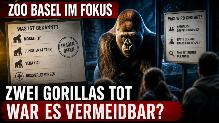 Gorilla-Baby Zoo Basel: Silberrücken vor Besuchern mit Hinweistafeln zu zwei Todesfällen und der Frage, ob das Drama vermeidbar war.
