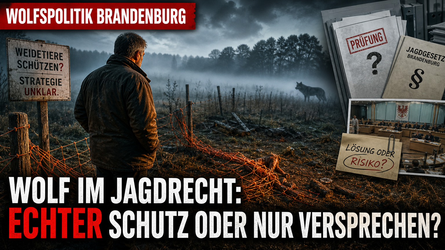 Ein Weidetierhalter blickt besorgt auf eine Koppel im Rahmen der Debatte um das Wolfsmanagement Brandenburg.